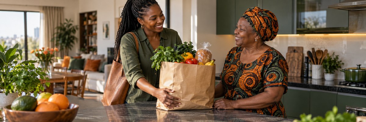 A happy family sharing a basket of fresh Groceries at home