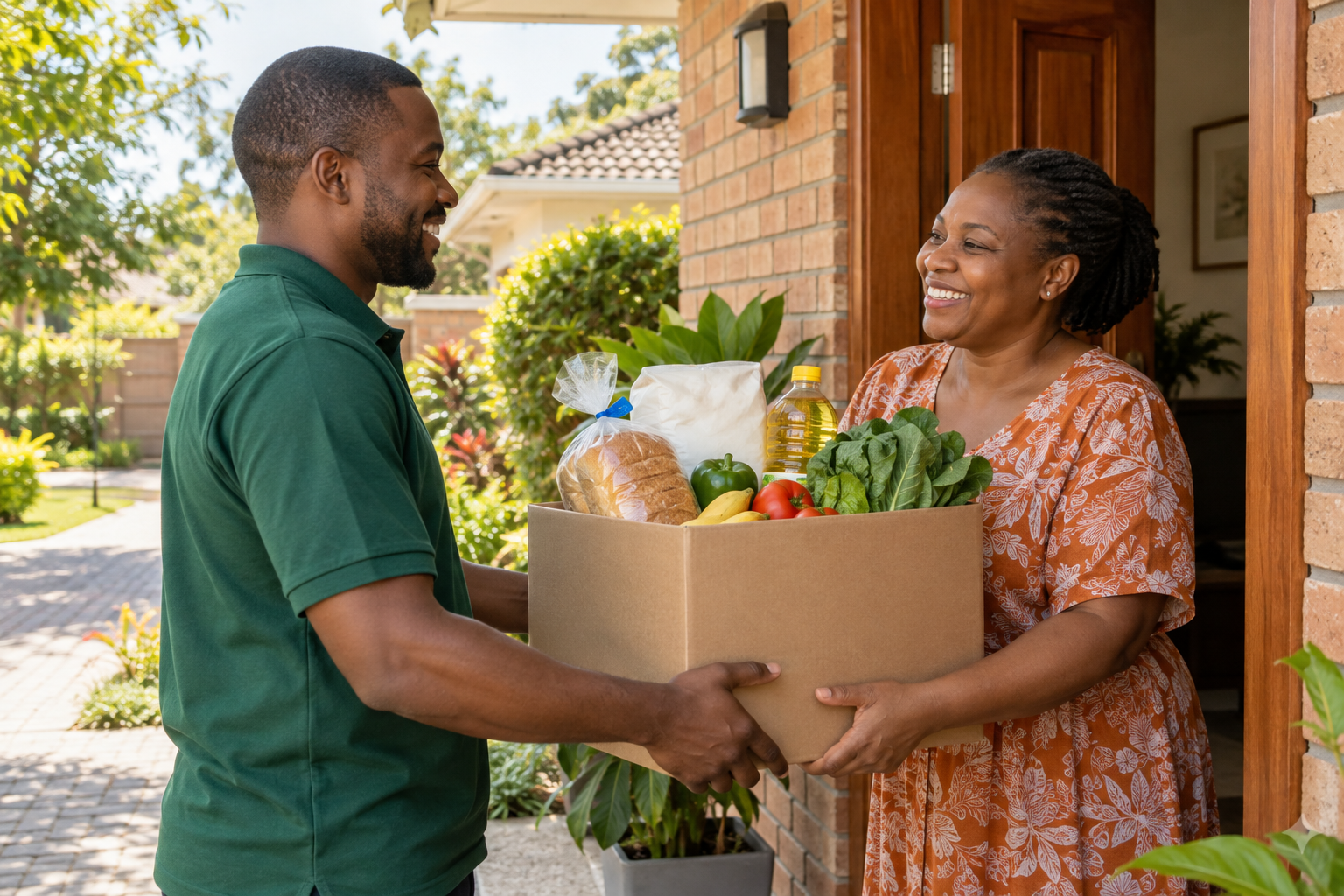 A grocery courier handing a box of everyday essentials to a customer at home
